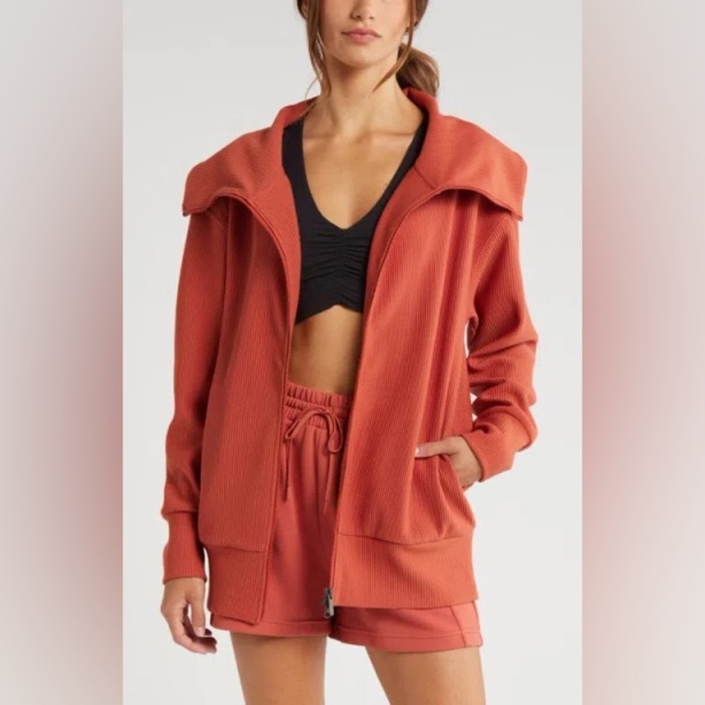 Zella Women's Medium Ottoman Full Zip Jacket Orange Red Ribbed Knitโ Wide Collar